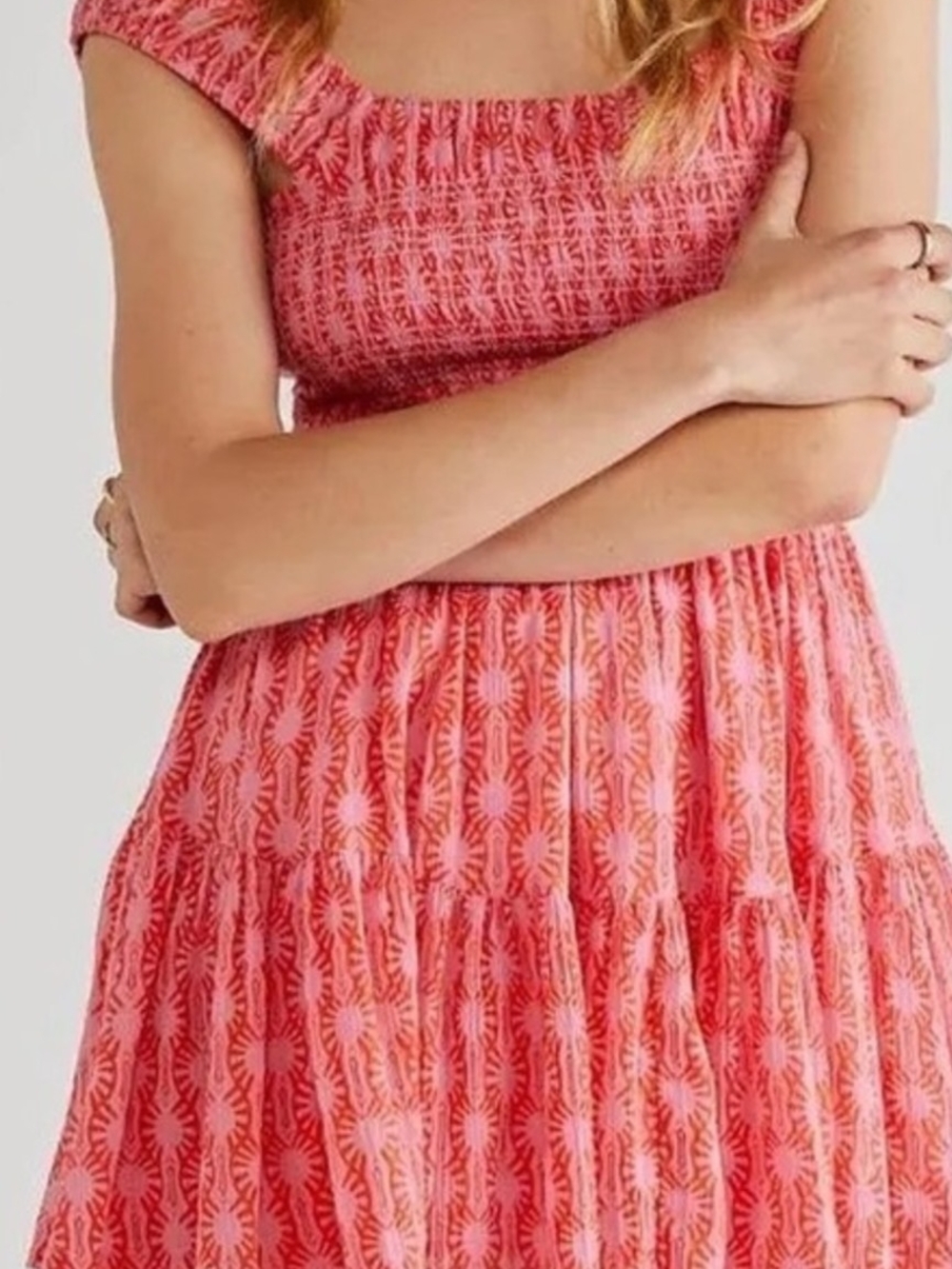 Free People Sweet Annie Smocked Coral Pink Tiered Sundress, SZ M, EUC